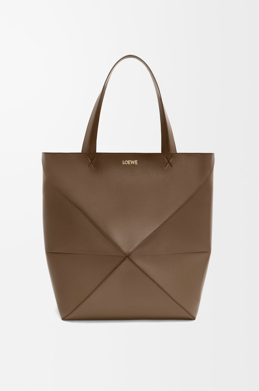 XL Puzzle Fold tote in shiny calfskin Umber
