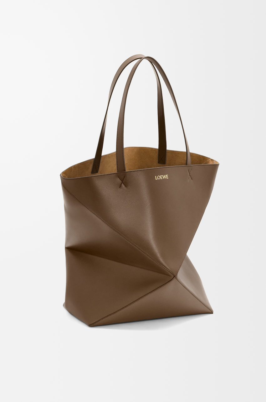 XL Puzzle Fold tote in shiny calfskin Umber