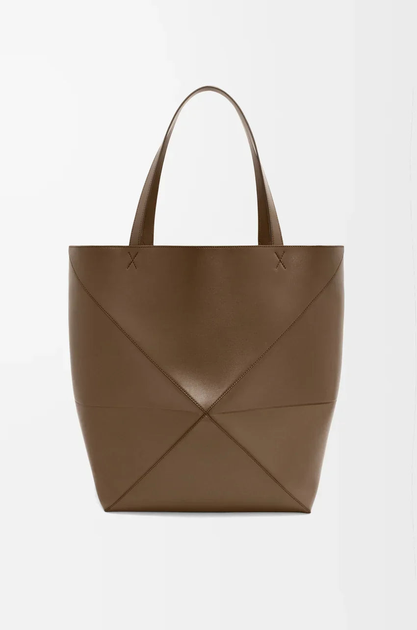 XL Puzzle Fold tote in shiny calfskin Umber
