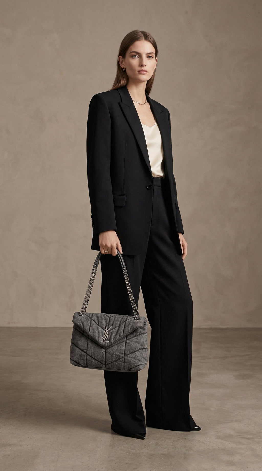 YSL Loulou Puffer Large Denim Shoulder Bag – Grey