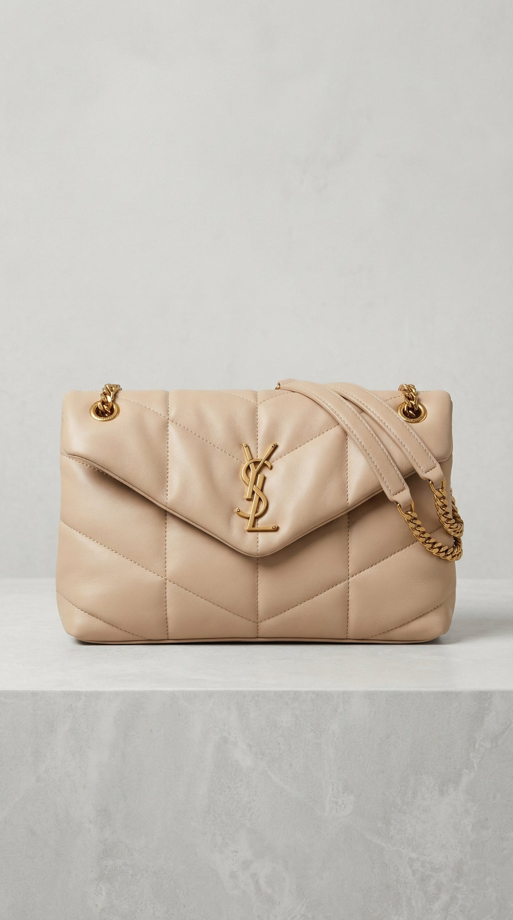 Lou Quilted Flap Bag – Beige Chevron Leather (Gold Hardware)