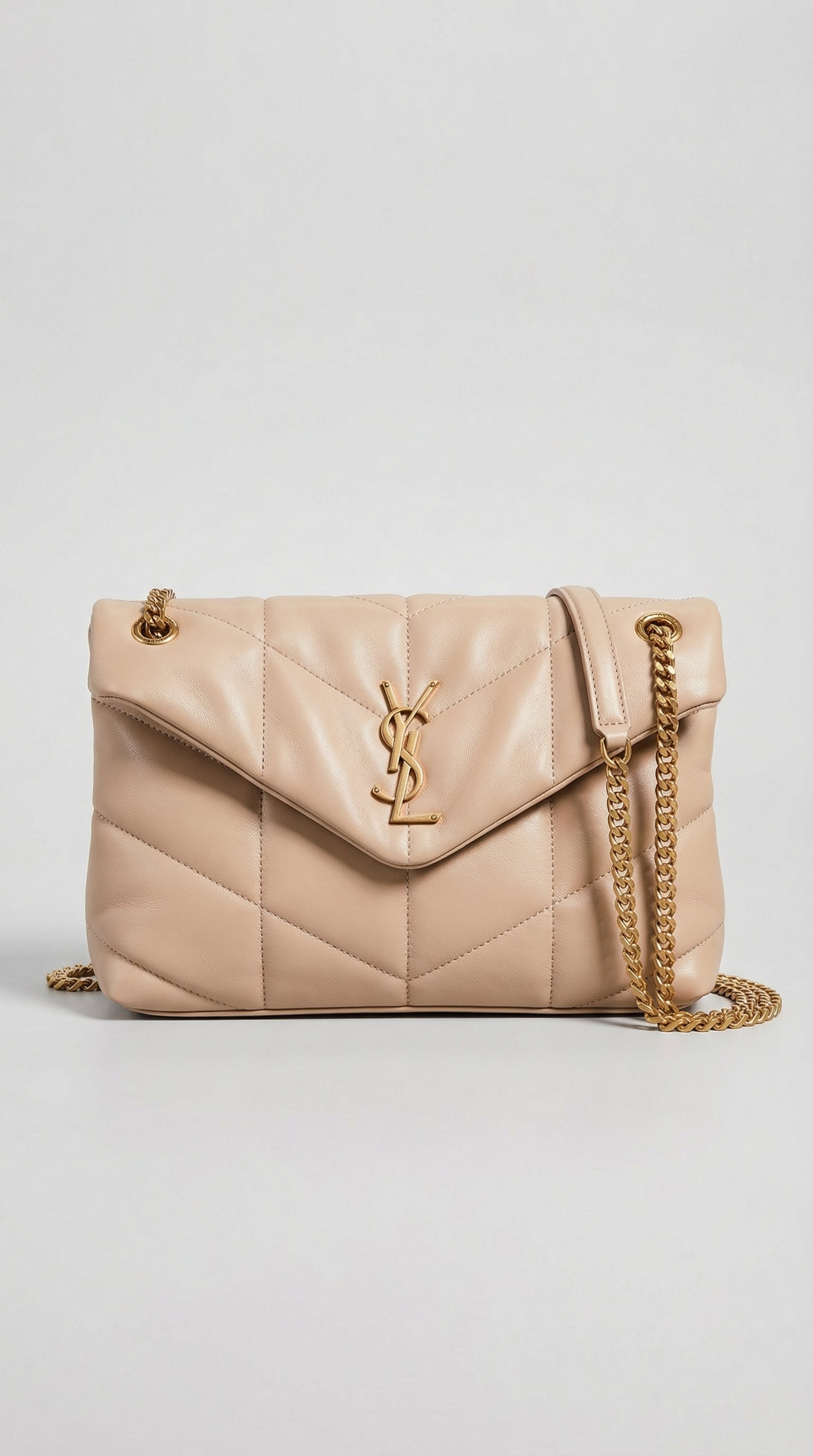 Lou Quilted Flap Bag – Beige Chevron Leather (Gold Hardware)
