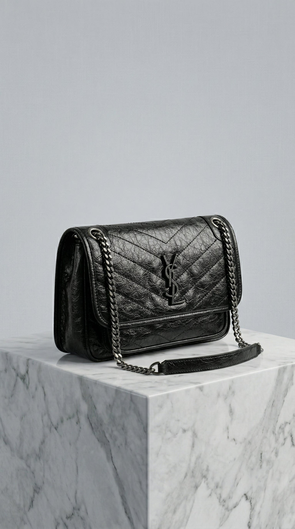 Nika Chain Shoulder Bag – Black Crinkled Leather