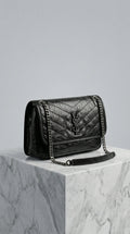 Nika Chain Shoulder Bag – Black Crinkled Leather