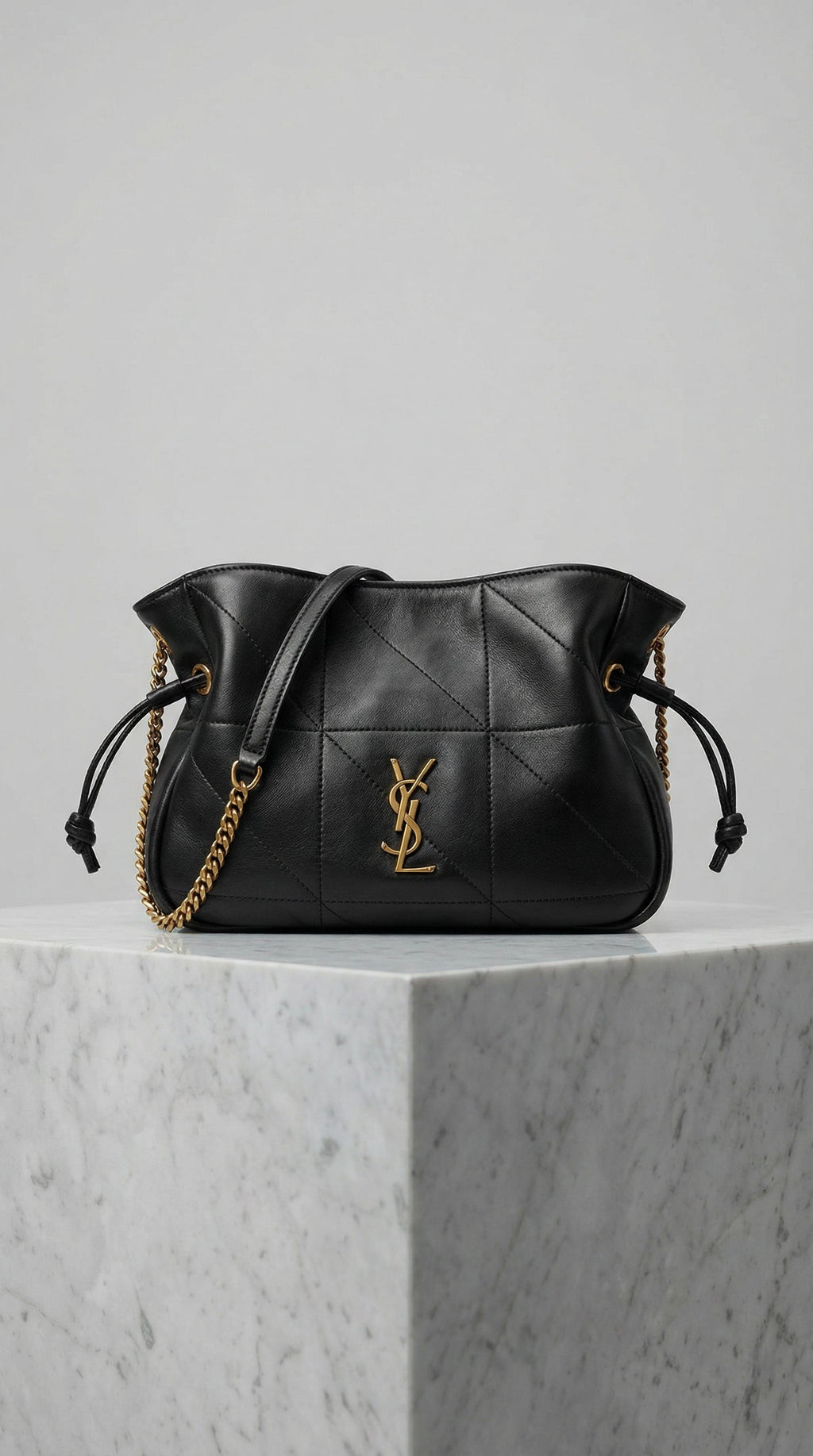 Jamie Drawstring Mini Bag – Black Quilted Leather