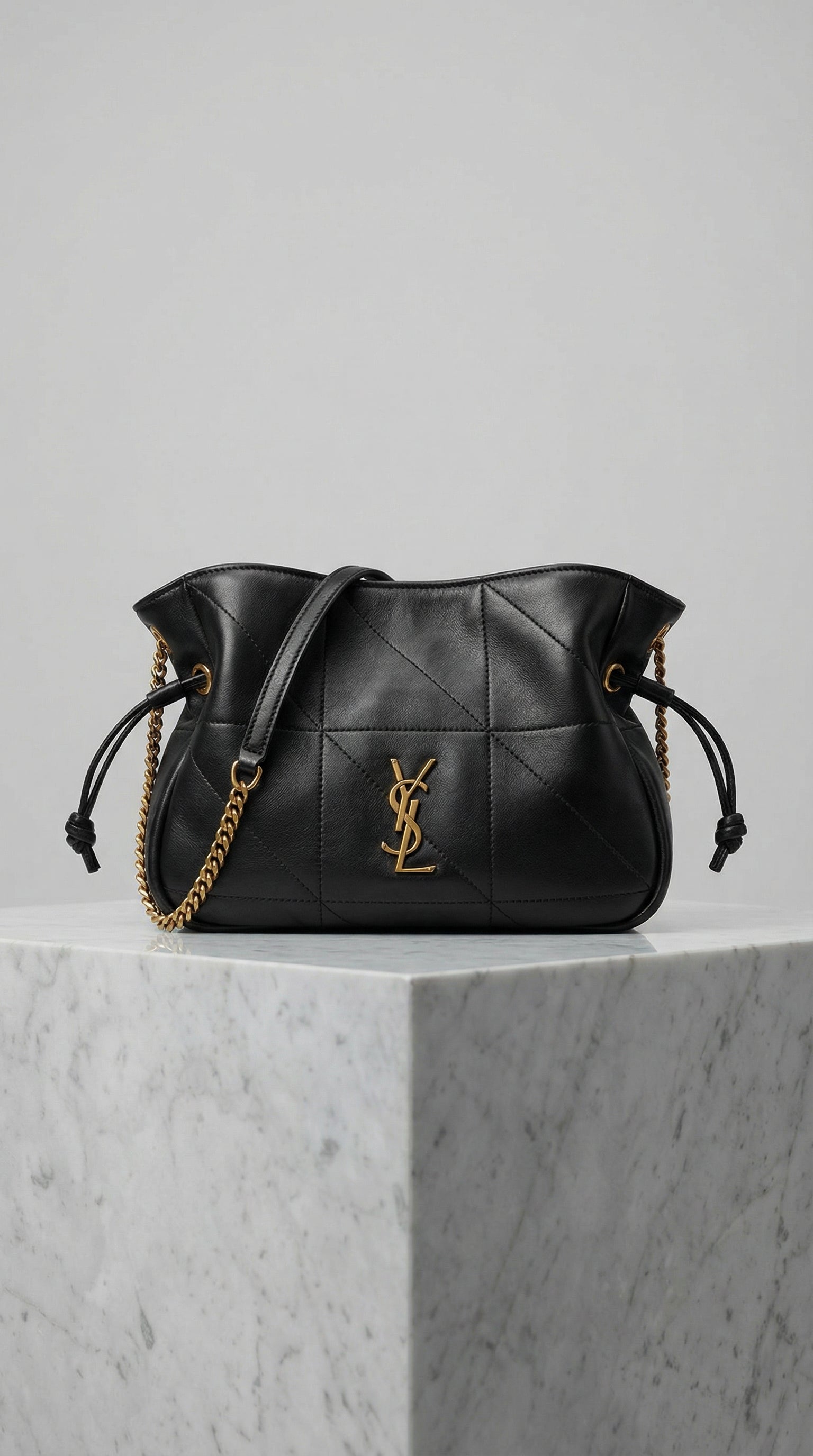 Jamie Drawstring Mini Bag – Black Quilted Leather