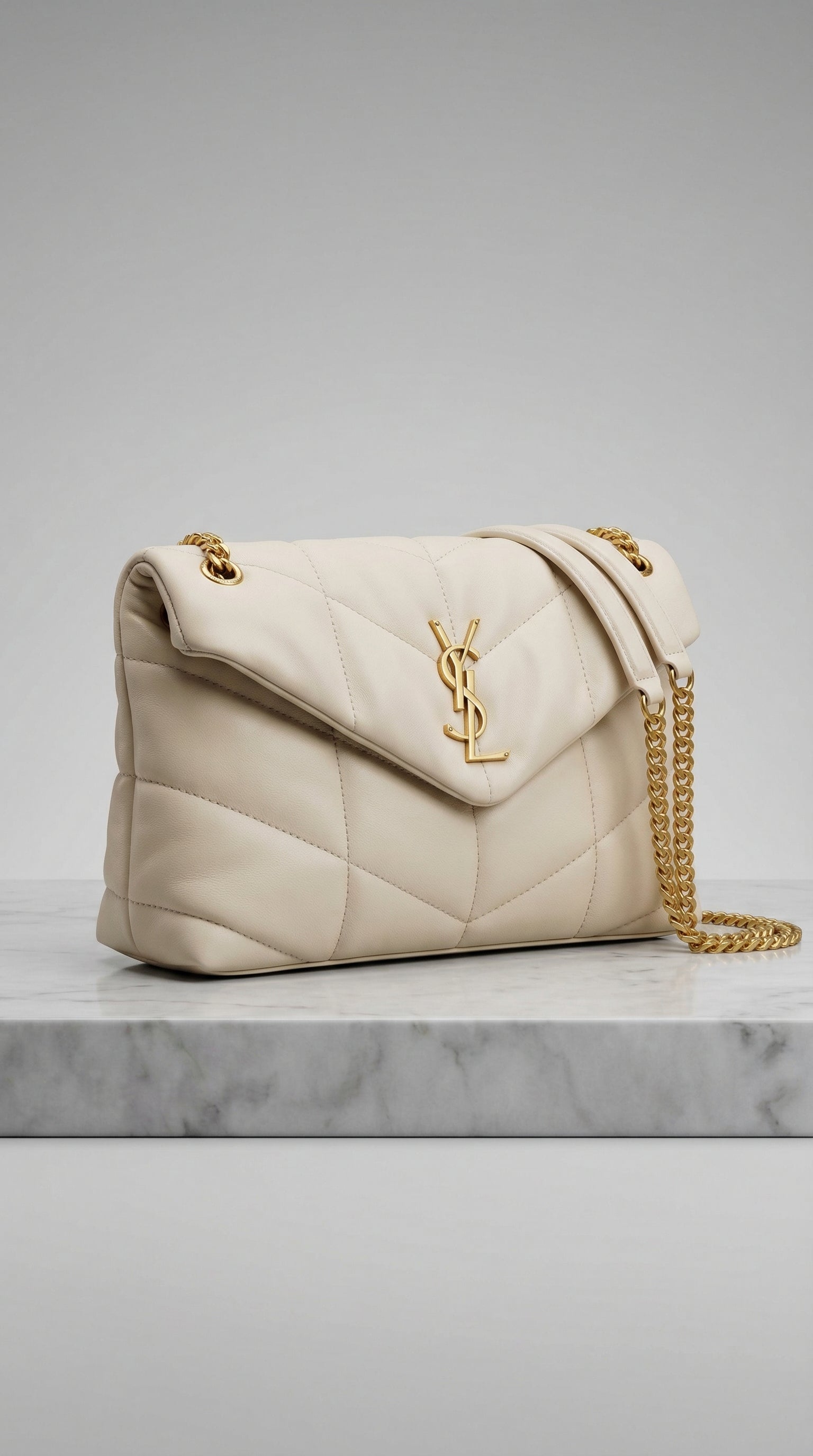Lou Quilted Flap Bag – Cream Chevron Leather (Gold Hardware)