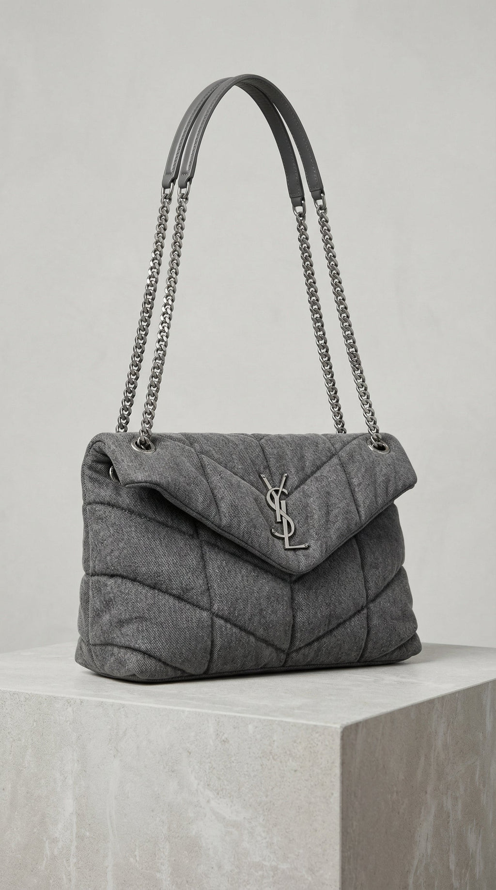 YSL Loulou Puffer Large Denim Shoulder Bag – Grey
