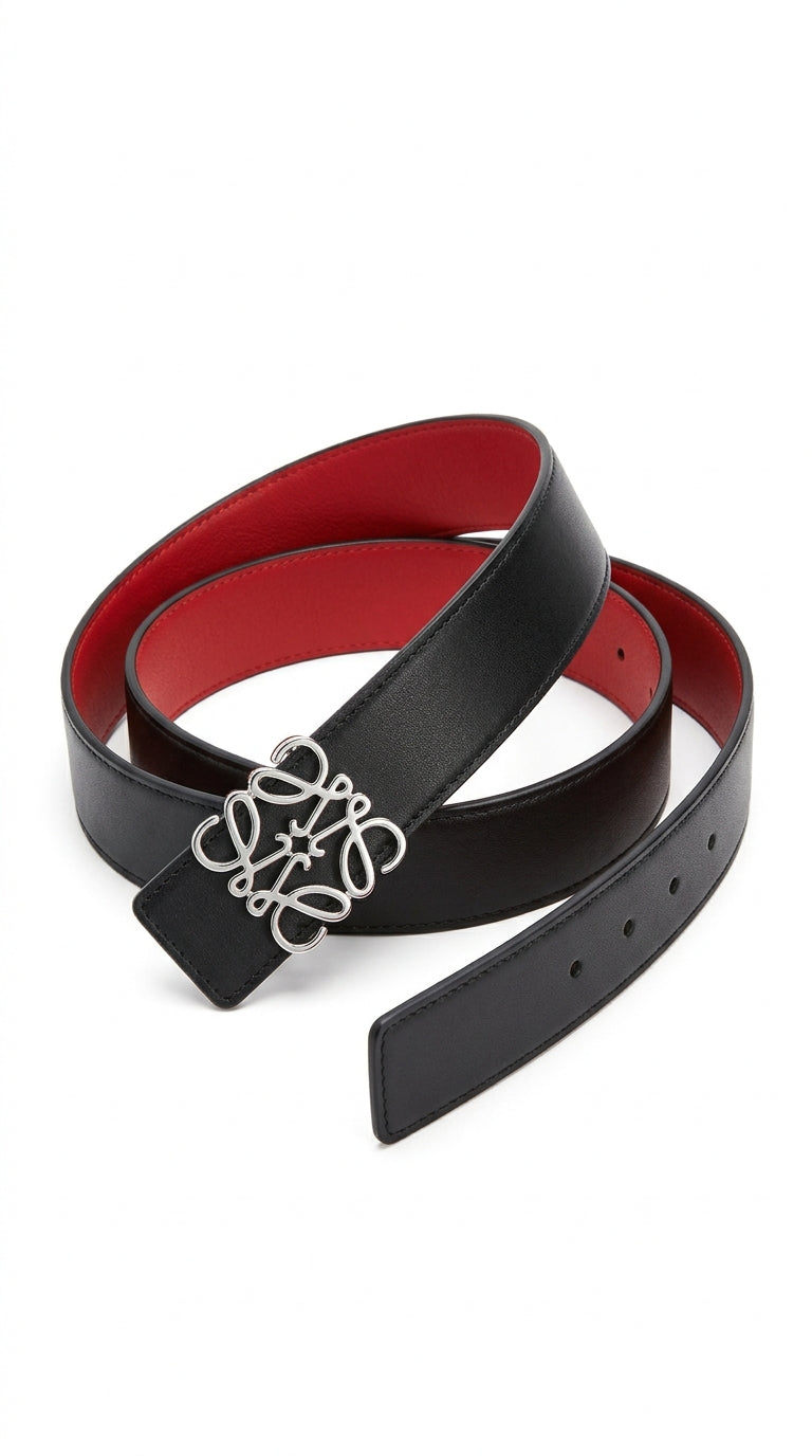 Reversible Anagram belt in smooth calfskin Black/red/silver