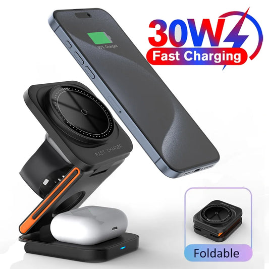 30W 3 in 1 Wireless Charger Phone Magnetic Foldable Wireless Charging Station for iPhone, Apple Watch and Airpods