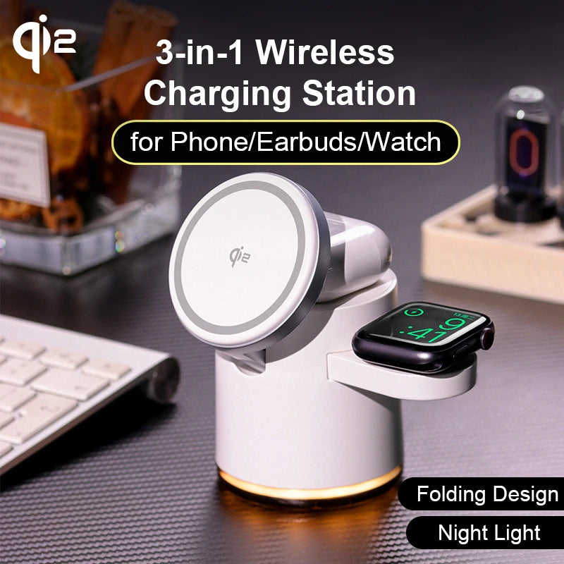 Qi2 Fast Charging Station  3-in-1 Wireless Charger Foldable Charging Dock Stand for iPhone 16 15 14 Pro Max Airpods  Apple Watch