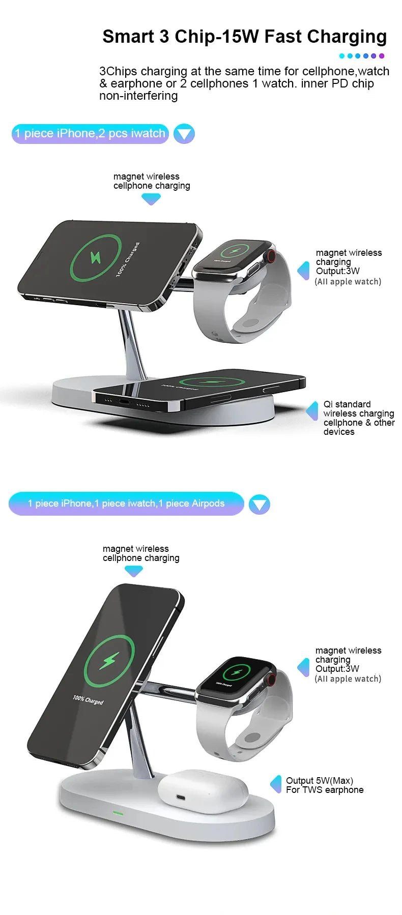 3 in 1 Wireless Charger For iPhone  macsafe charger Fast Charging Station