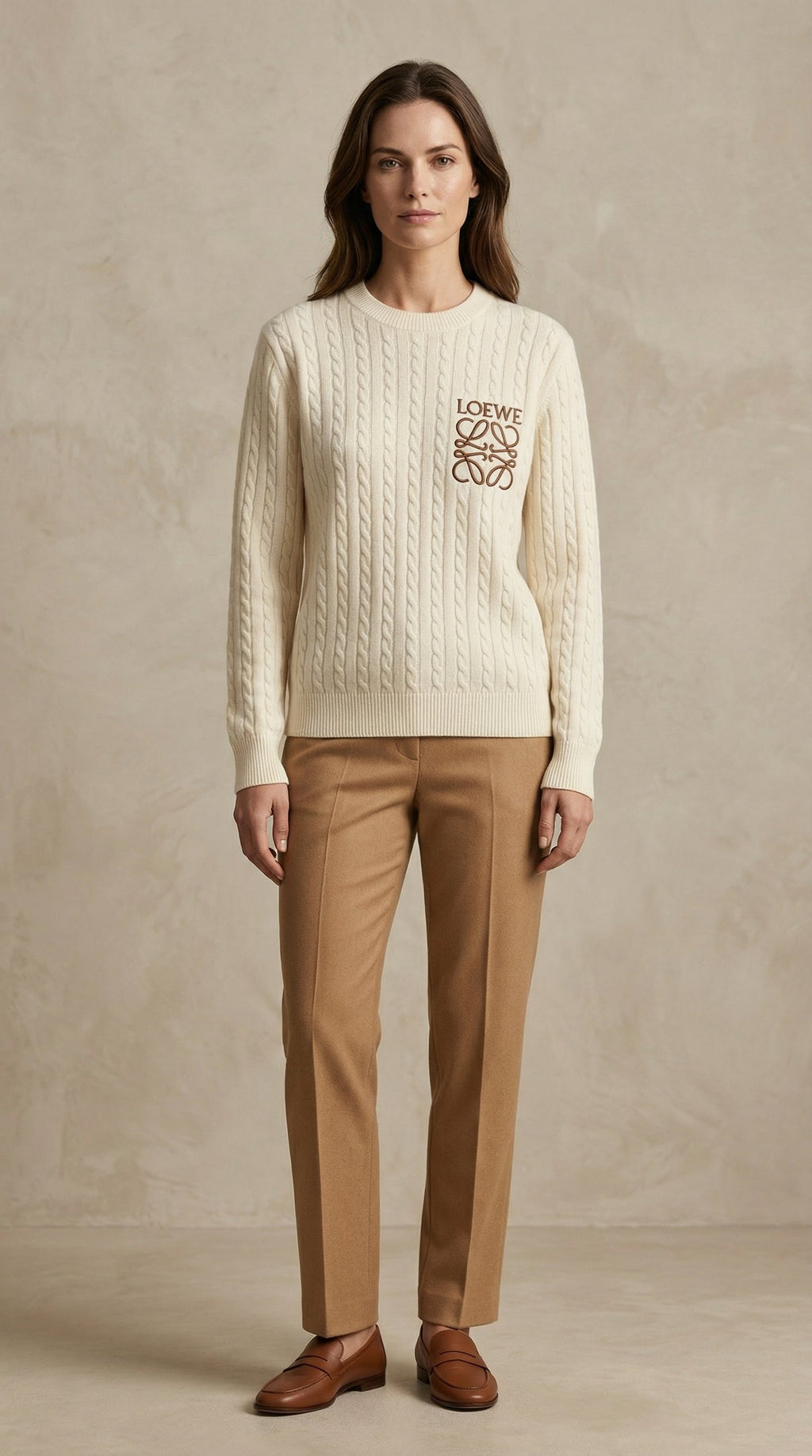 Textured Crest Cable Knit Sweater - Beige