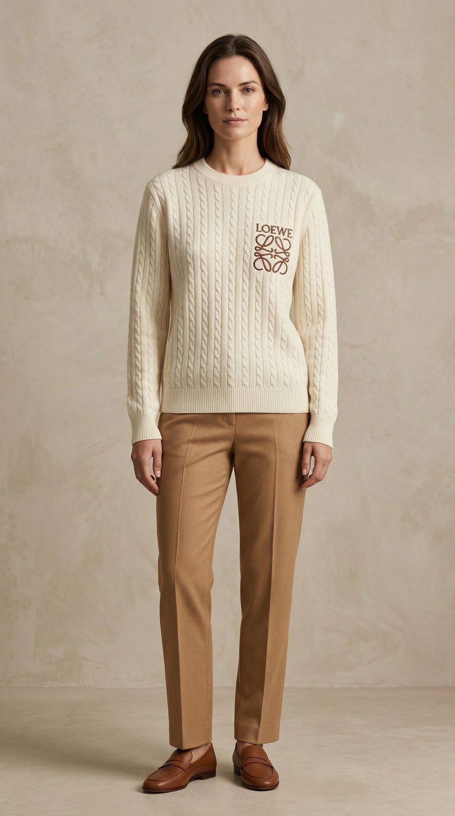 Textured Crest Cable Knit Sweater - Beige