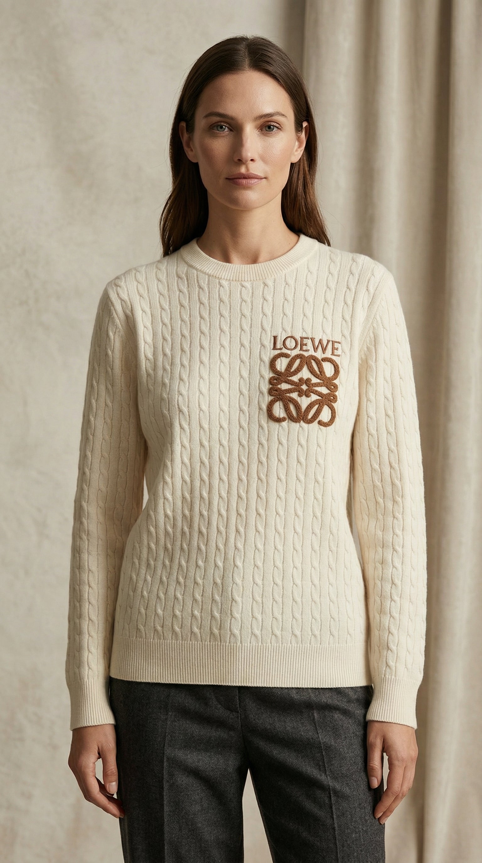 Textured Crest Cable Knit Sweater - Beige