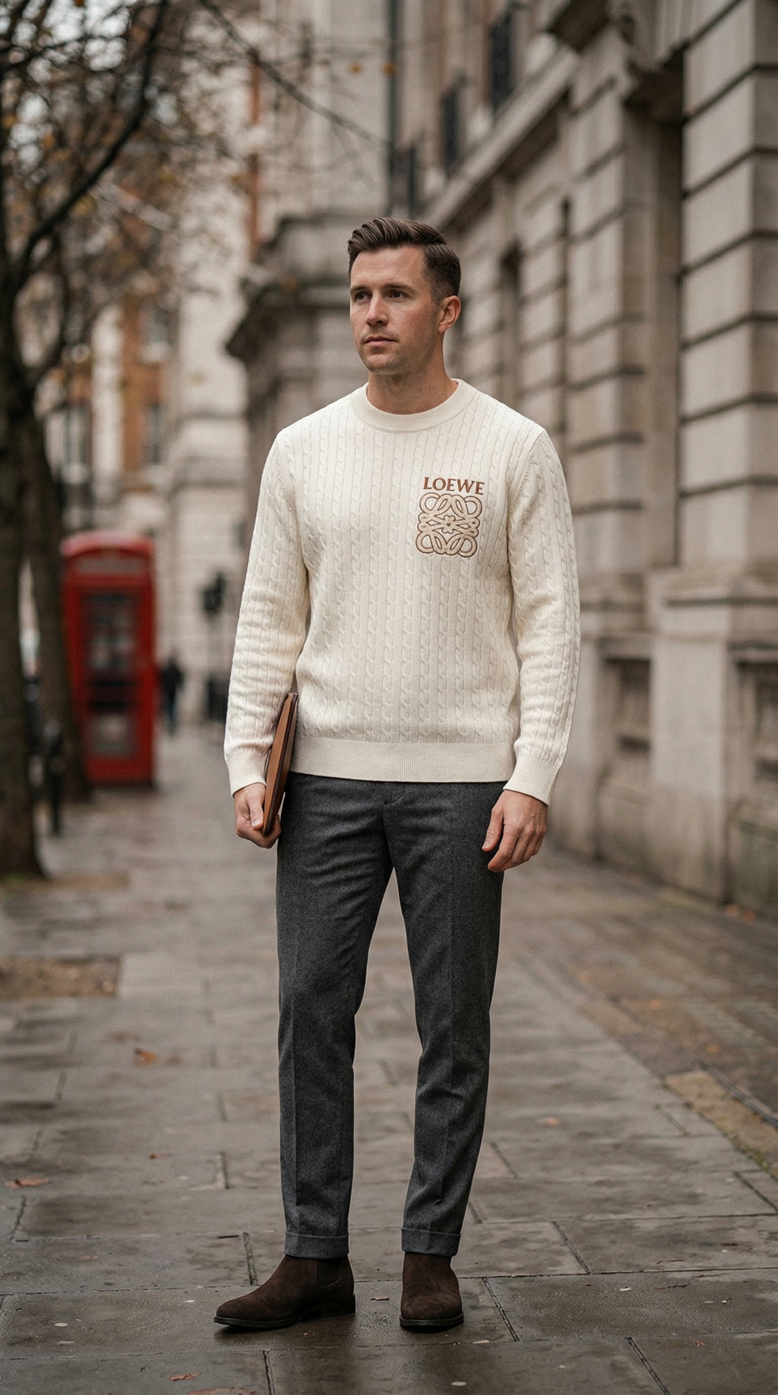 Textured Crest Cable Knit Sweater - Beige