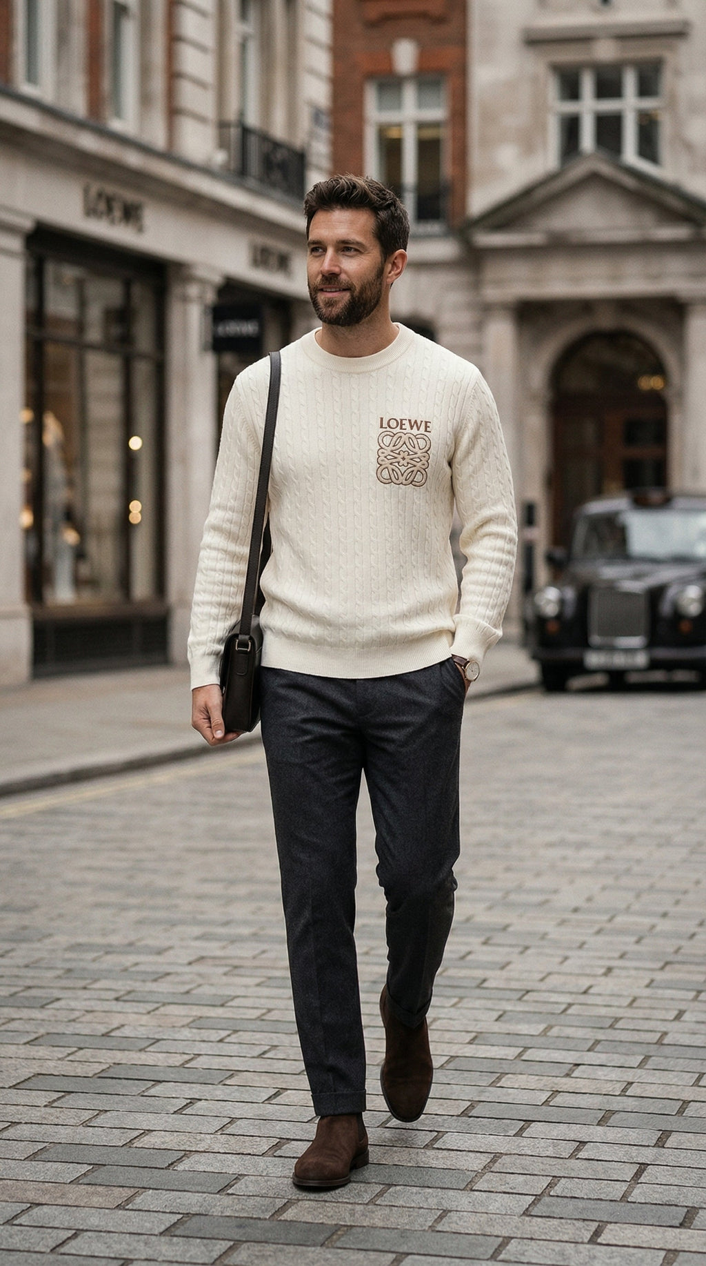 Textured Crest Cable Knit Sweater - Beige