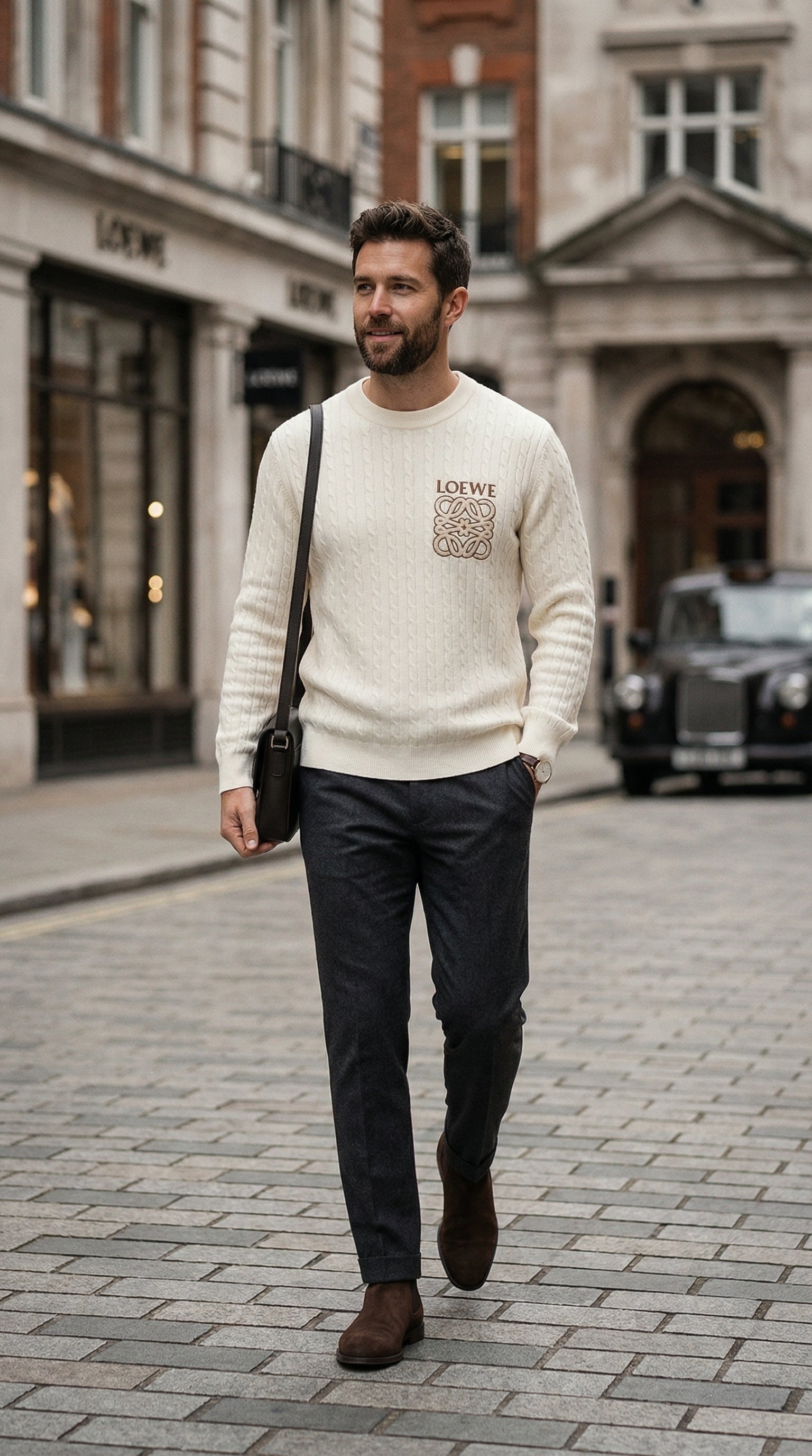 Textured Crest Cable Knit Sweater - Beige